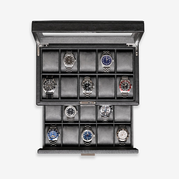 Rothwell 6 Slot Watch Box With Drawer (Black / Grey) - RothwellSF