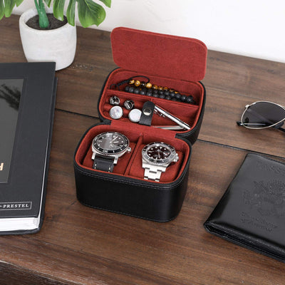 ROTHWELL Gift Set 6 Slot Leather Watch Box and 2 Watch Travel Case (Black/Red)