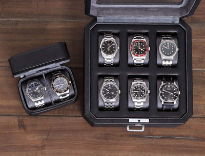 ROTHWELL Gift Set 6 Slot Watch Box and 2 Watch Travel Case (Black/Grey)