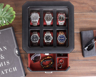 ROTHWELL Gift Set 6 Slot Leather Watch Box and 2 Watch Travel Case (Black/Red)