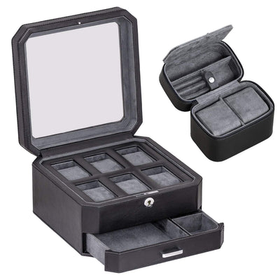 ROTHWELL Gift Set 6 Slot Watch Box and 2 Watch Travel Case (Black/Grey)