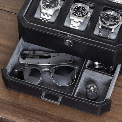 ROTHWELL Gift Set 6 Slot Watch Box and 2 Watch Travel Case (Black/Grey)