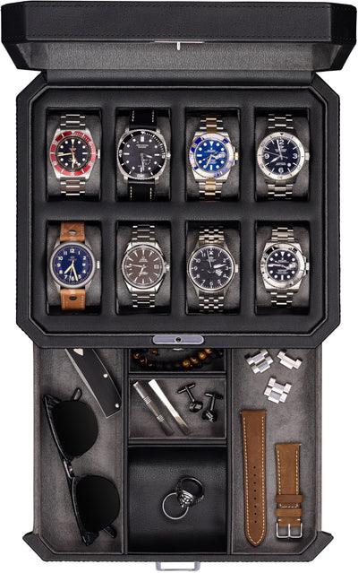 ROTHWELL 8 Slot Watch Box with Valet Drawer (Black/Grey)