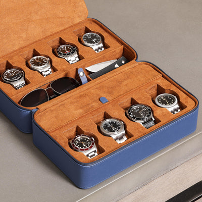 ROTHWELL 8 Watch Travel Case (Blue/Tan)