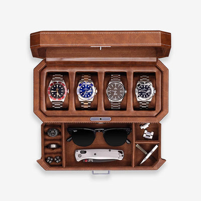 ROTHWELL 4 Slot Watch Box with Valet Drawer (Tan)